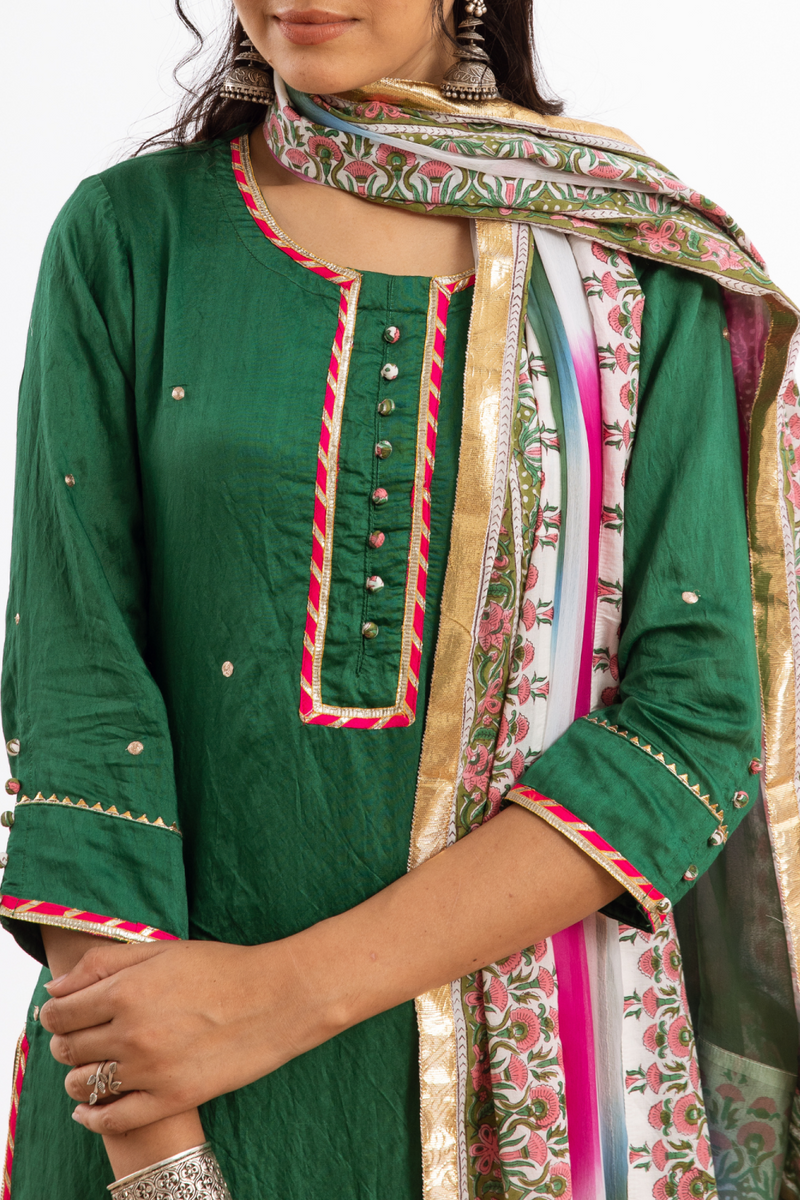 Rasika Harita Kurta Set - green hand block printed chanderi kurta set chanderi by Maison Shefali in green color for women Worldwide