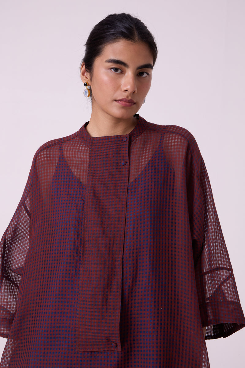 Fosco Blue Checkered HandwovenTunic handwoven silk cotton tunics/kaftan by The Summer House in blue for women Worldwide