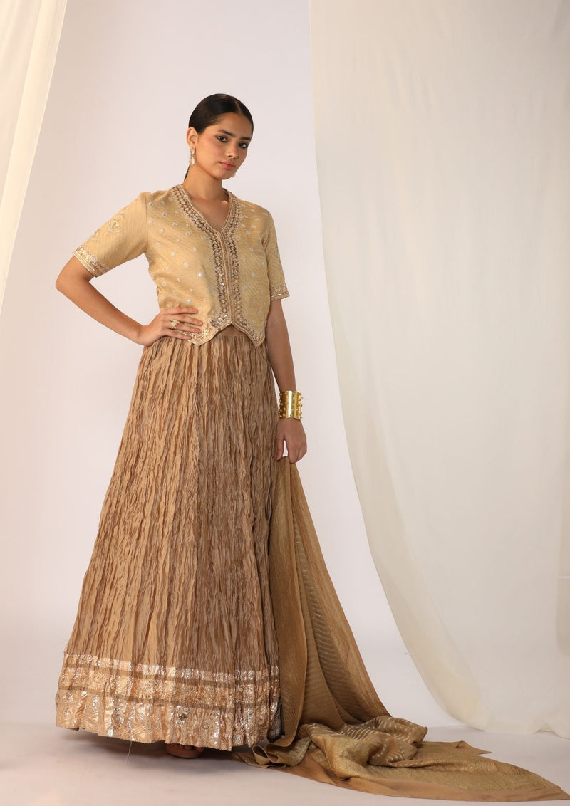Brocade waistcoat paired with a crushed skirt-Champagne mist silk by Myoho in beige color for women Worldwide