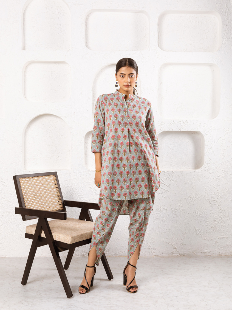 Pink Pansy Dhoti Co-Ord Co-ord Set by Marche in grey color for women Worldwide