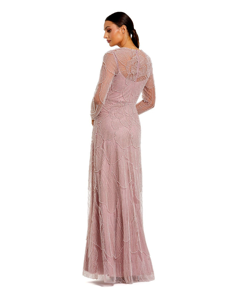 69012 - Pink Beaded High Neck Long Sleeve A Line Gown by Mac Duggal in pink color for women Worldwide