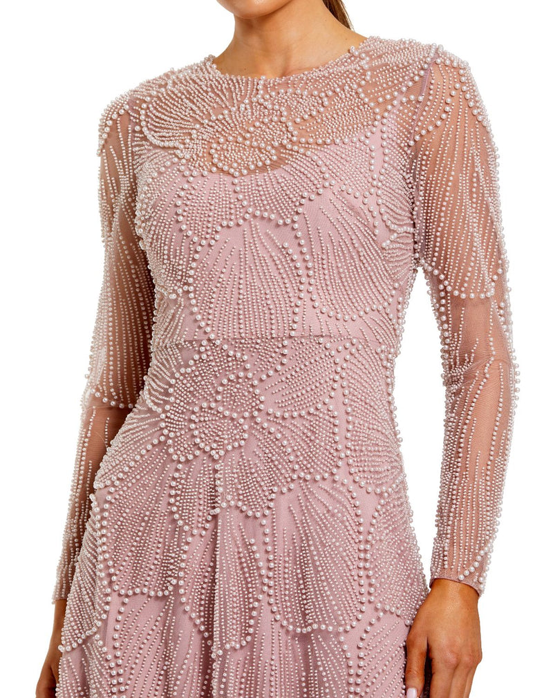 69012 - Pink Beaded High Neck Long Sleeve A Line Gown by Mac Duggal in pink color for women Worldwide