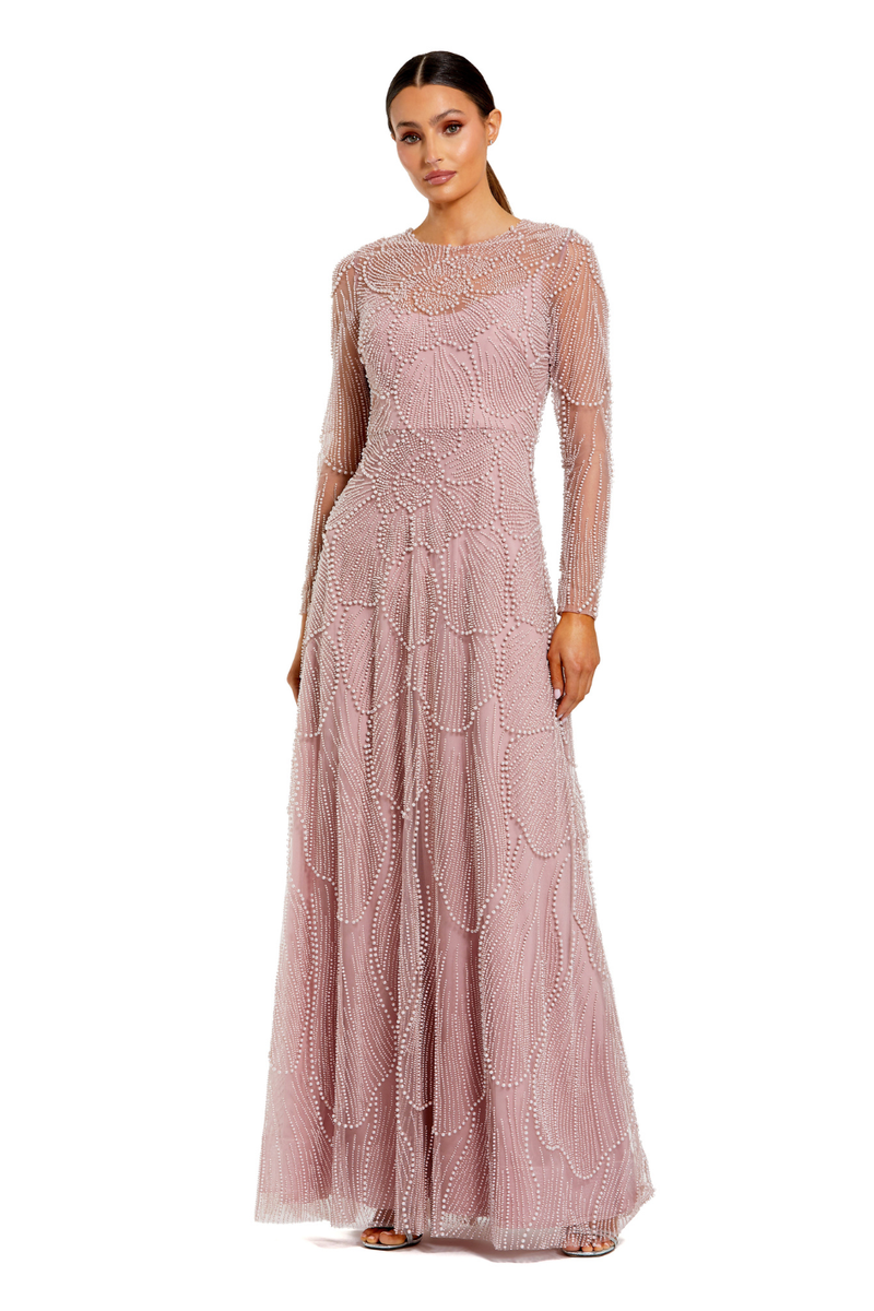 69012 - Pink Beaded High Neck Long Sleeve A Line Gown by Mac Duggal in pink color for women Worldwide