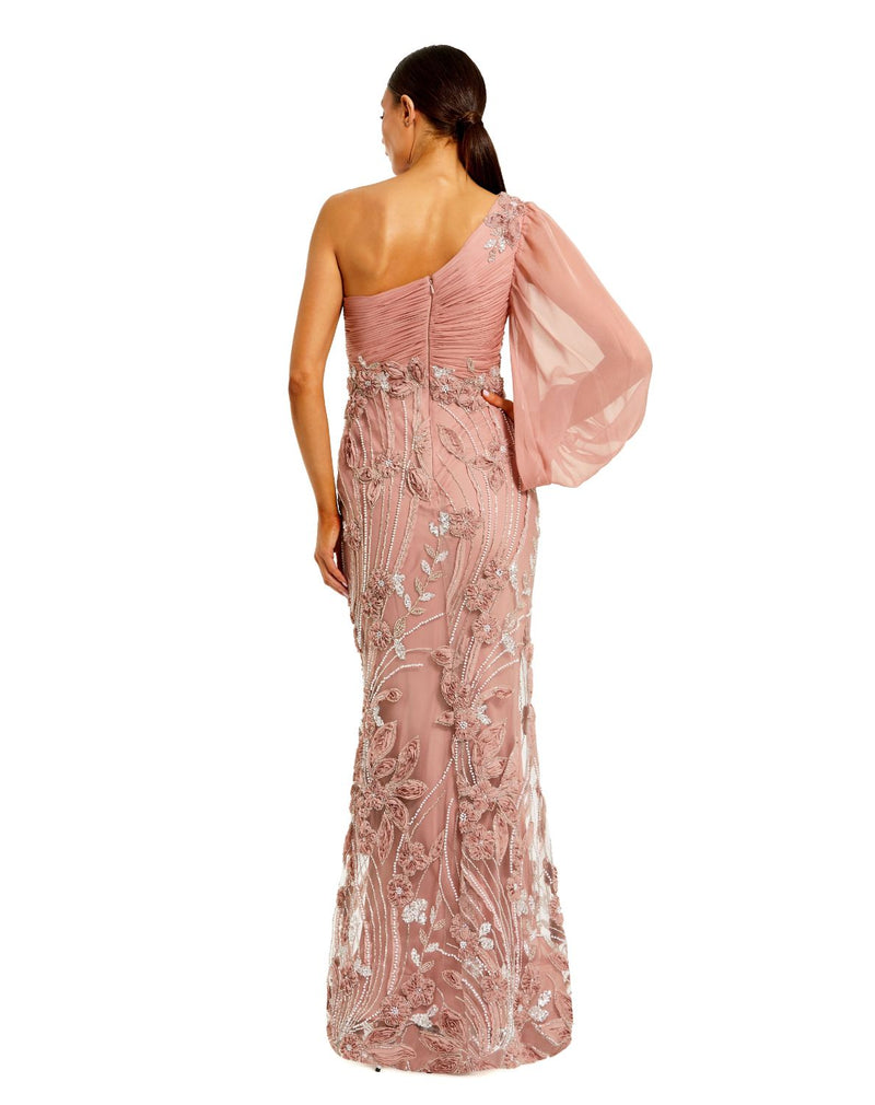 69019 - Pink One Sleeve Chiffon Embellished Gown polyester evening gowns by Mac Duggal in pink for women Worldwide
