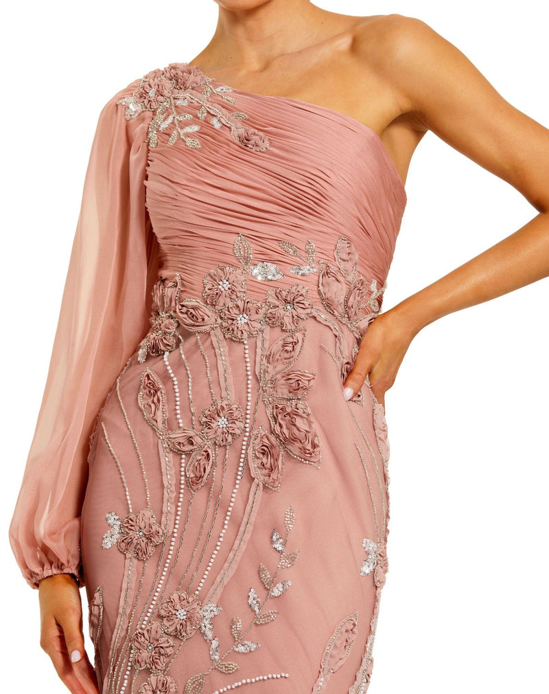 69019 - Pink One Sleeve Chiffon Embellished Gown polyester evening gowns by Mac Duggal in pink for women Worldwide