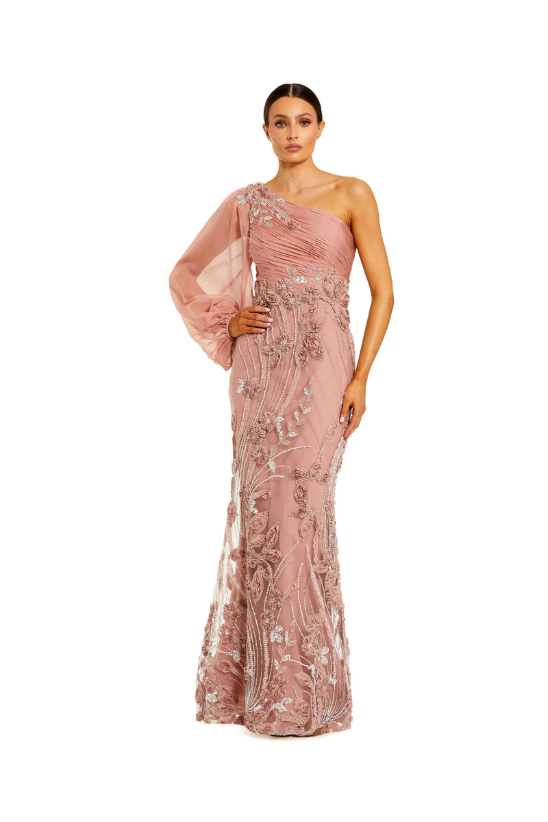 69019 - Pink One Sleeve Chiffon Embellished Gown polyester evening gowns by Mac Duggal in pink for women Worldwide