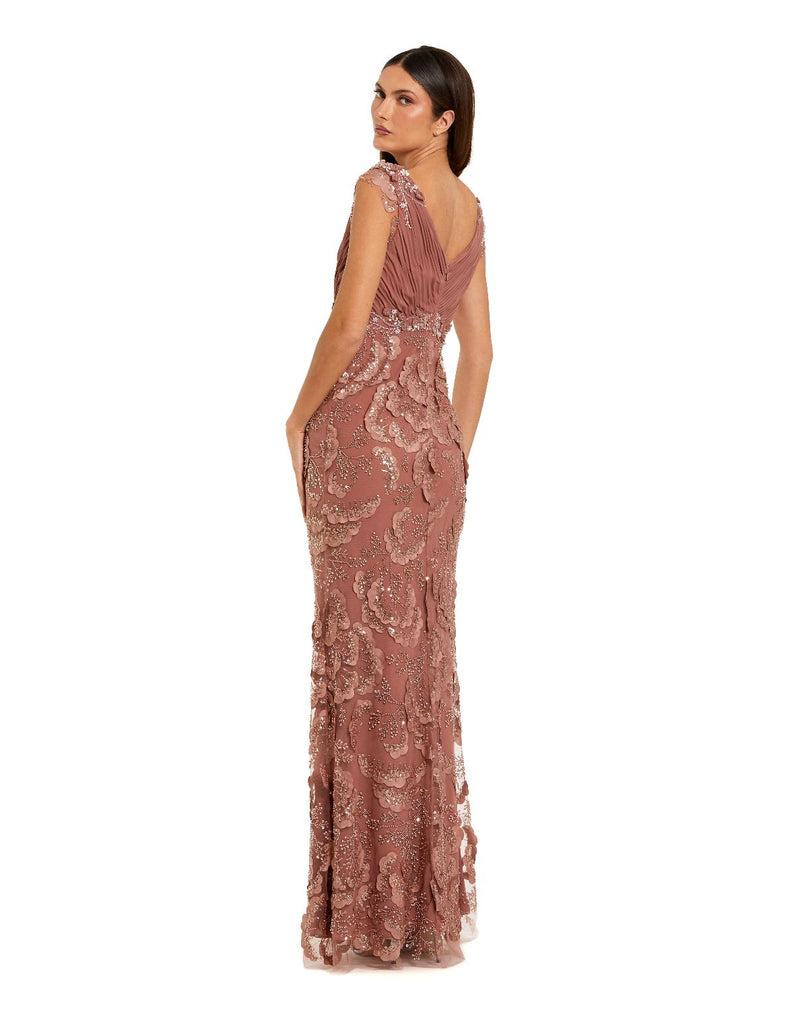 69022 - Pink Floral Beaded Chiffon V-Neck Evening Gown by Mac Duggal in pink color for women Worldwide