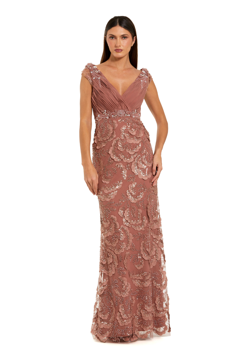69022 - Pink Floral Beaded Chiffon V-Neck Evening Gown by Mac Duggal in pink color for women Worldwide