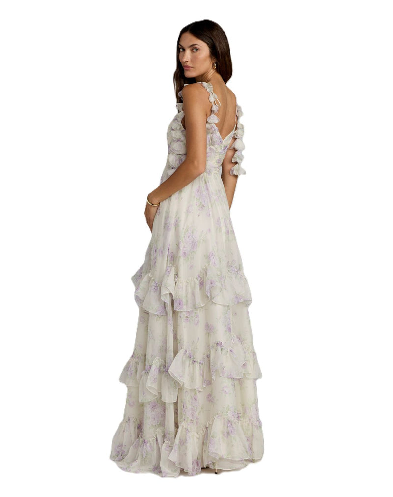 69061 - White Ruffle Tiered Chiffon Floral Gown by Mac Duggal in white color for women Worldwide