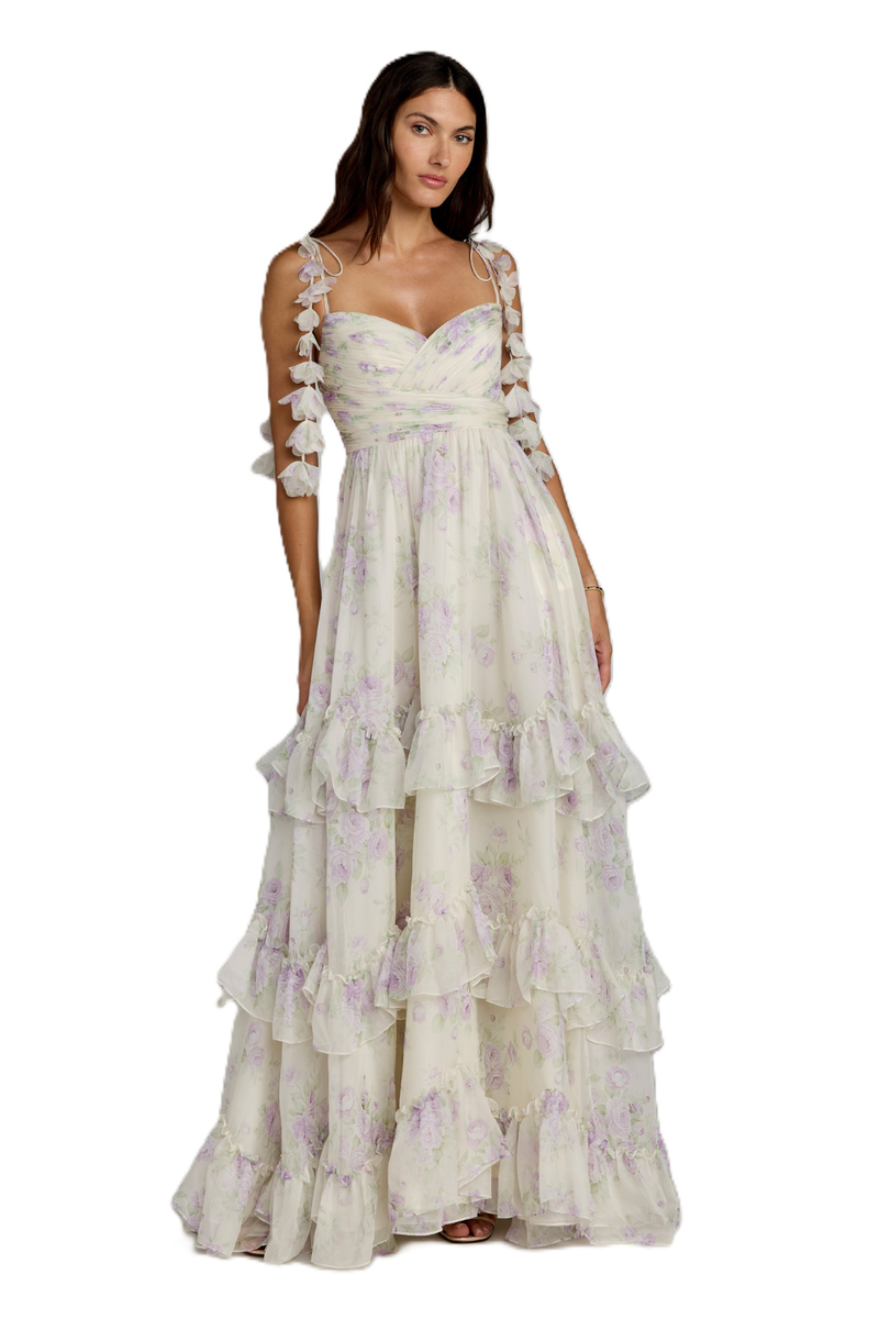 69061 - White Ruffle Tiered Chiffon Floral Gown by Mac Duggal in white color for women Worldwide