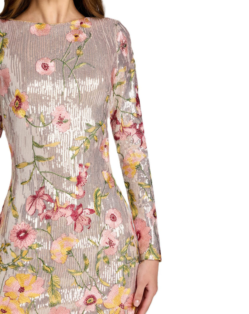 69075 - Silver Long Sleeve Floral Embroidered Sequin Mini Dress by Mac Duggal in silver color for women Worldwide