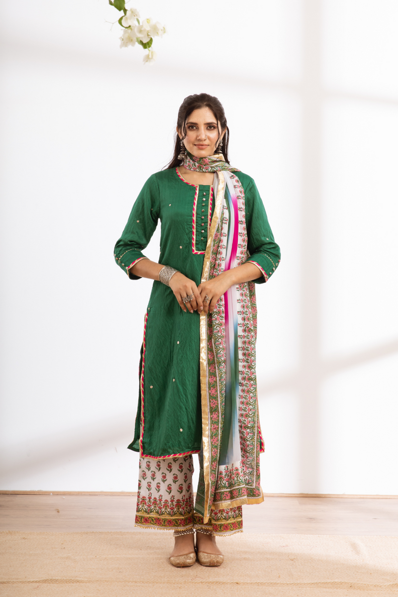Rasika Harita Kurta Set - green hand block printed chanderi kurta set chanderi by Maison Shefali in green color for women Worldwide