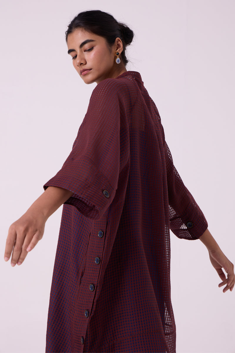 Fosco Blue Checkered HandwovenTunic handwoven silk cotton tunics/kaftan by The Summer House in blue for women Worldwide