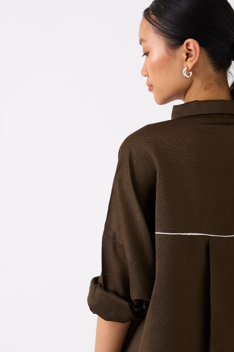 PATCH POCKET SHIRT CO-ORD
(SET OF 2)-DARK OLIVE poplin by THREE in olive color for women Worldwide