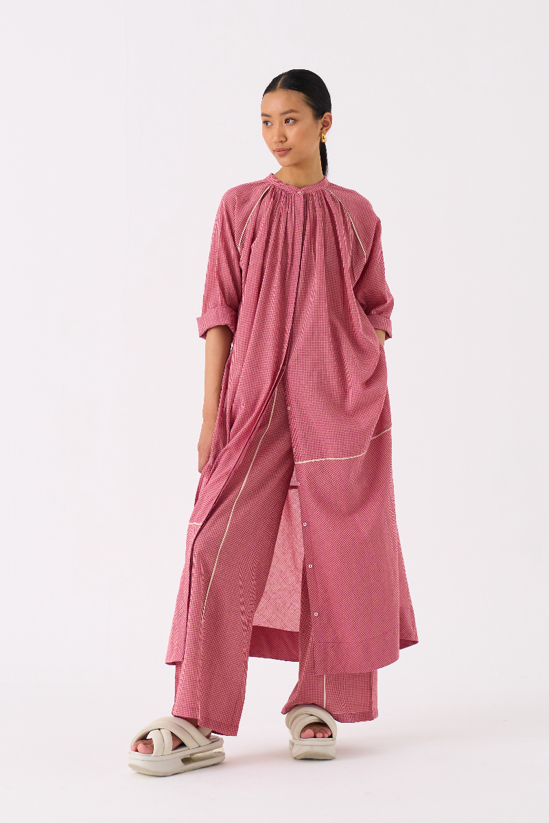 GATHER NECK SHIRT-PINK CHECK mul by THREE in pink color for women Worldwide