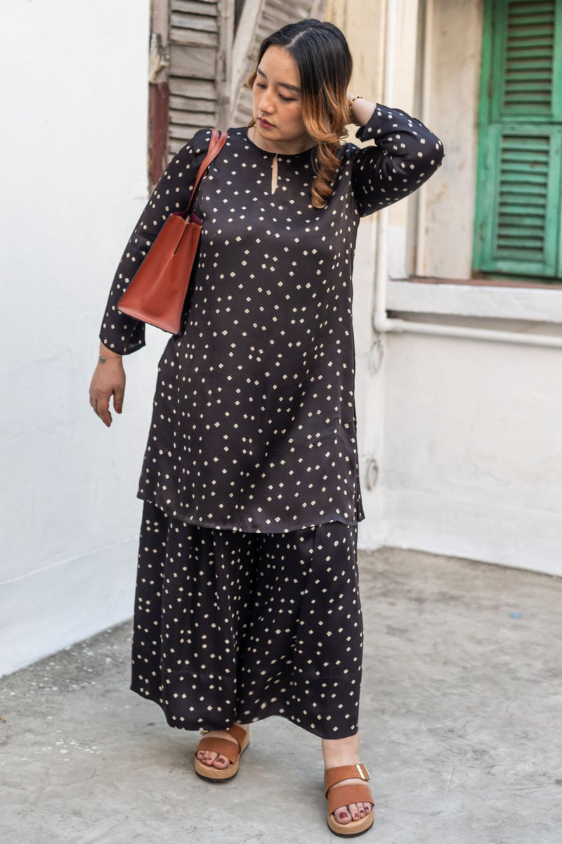 Aaram Black Ajrakh Kurta with Palazo satin by PRAHNAAYA in black color for women Worldwide
