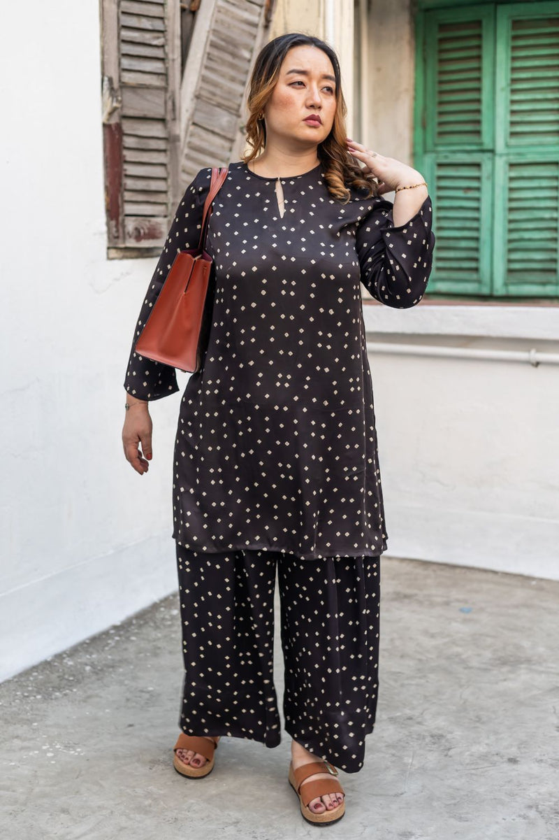 Aaram Black Ajrakh Kurta with Palazo satin by PRAHNAAYA in black color for women Worldwide