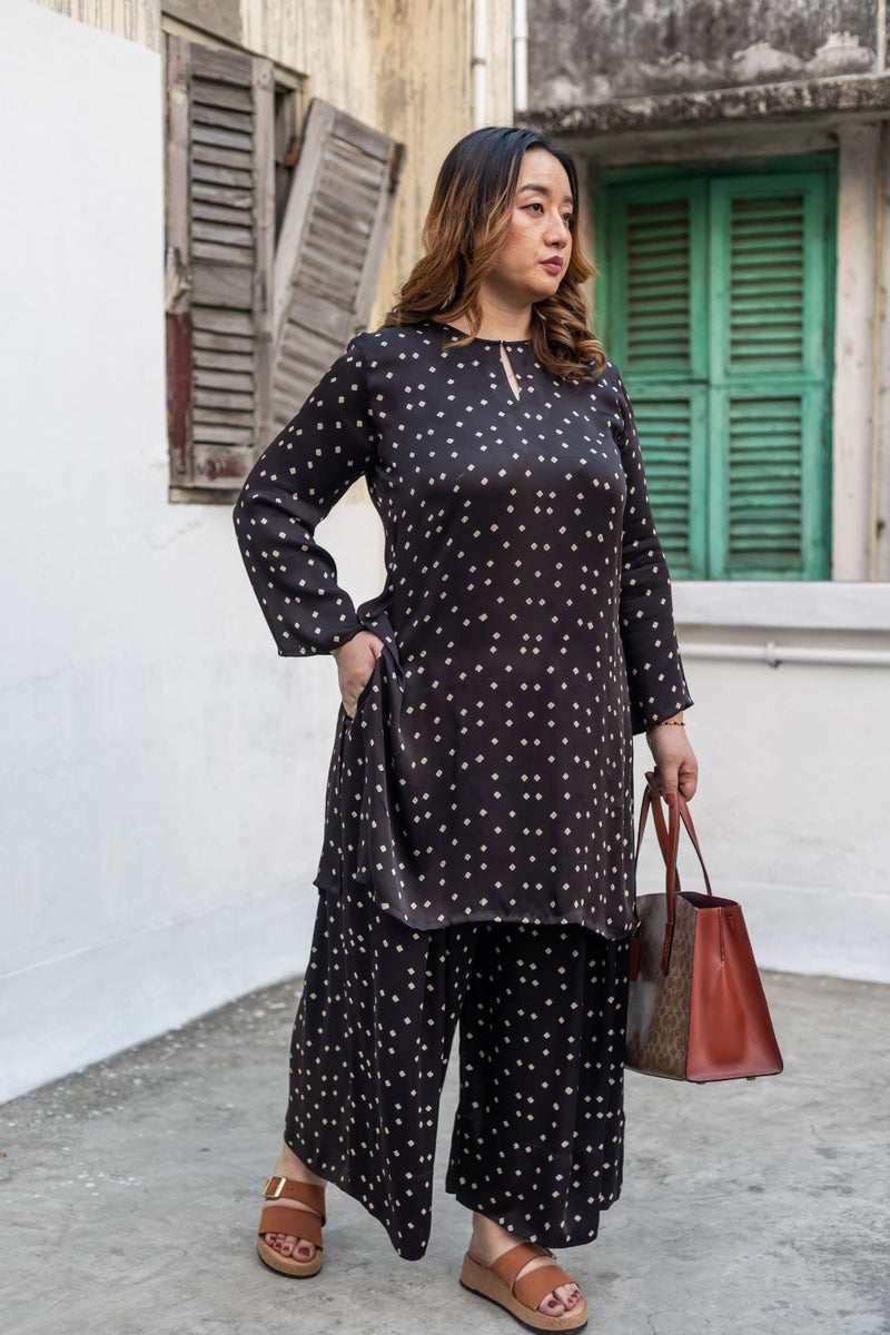 Aaram Black Ajrakh Kurta with Palazo satin by PRAHNAAYA in black color for women Worldwide