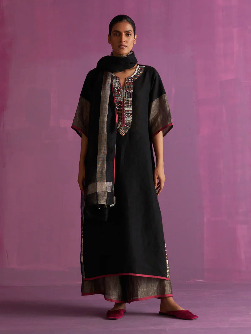 Mato Hand-Embroidered Kurta Set - Black linen by Manan in black color for women Worldwide