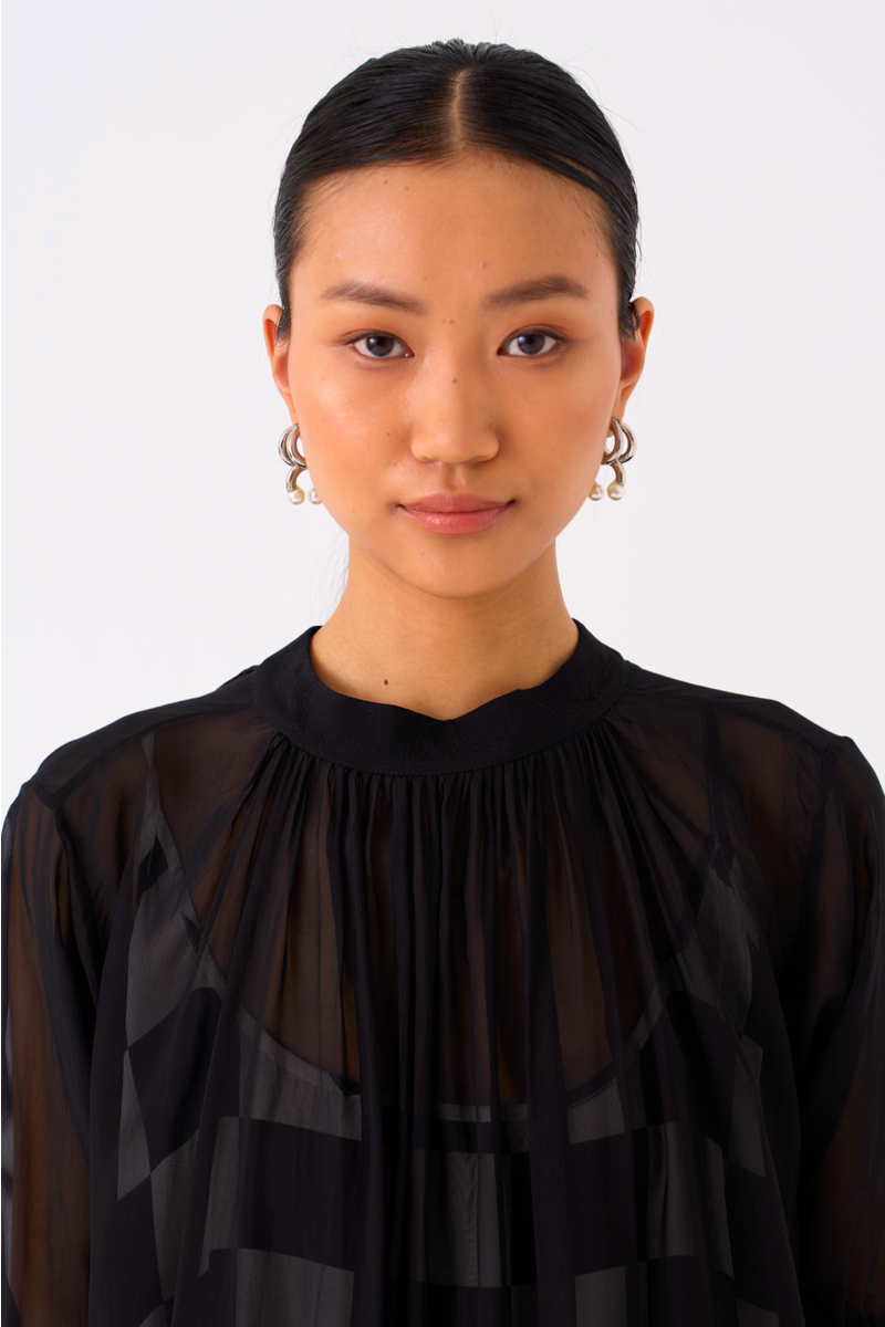 SHEER BOTTOM FRILL DRESS
-BLACK organza by THREE in black color for women Worldwide