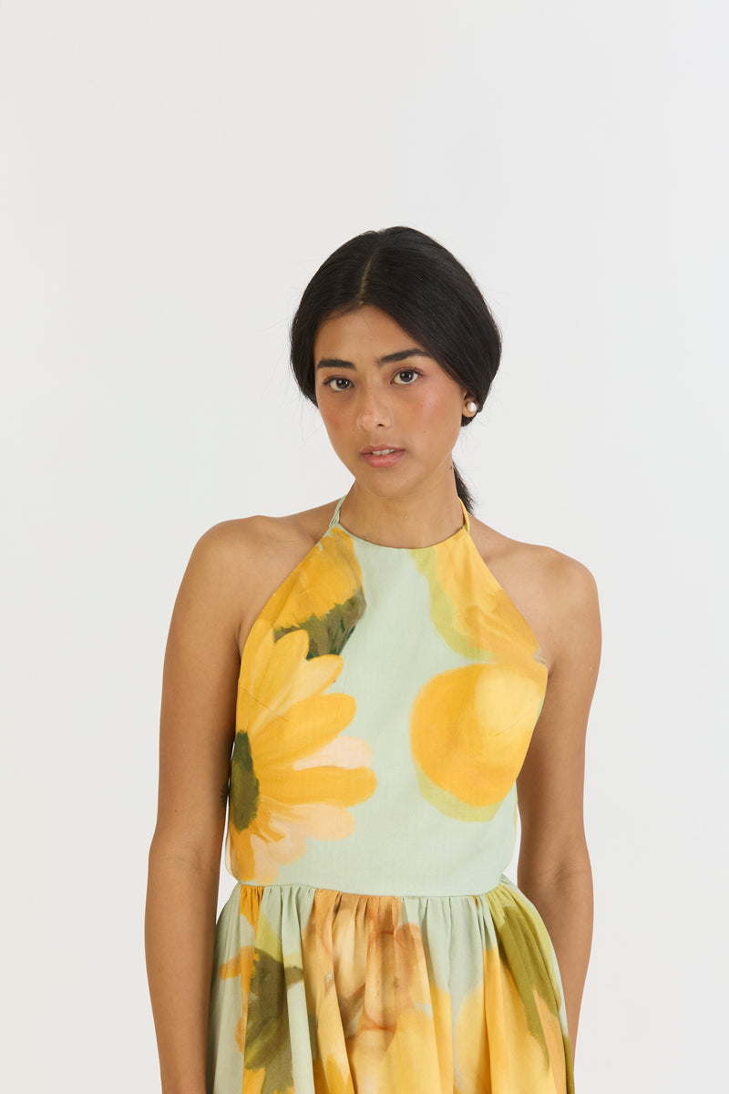 LEMONADE HALTER NECK DRESS satin by Yam in yellow color for women Worldwide