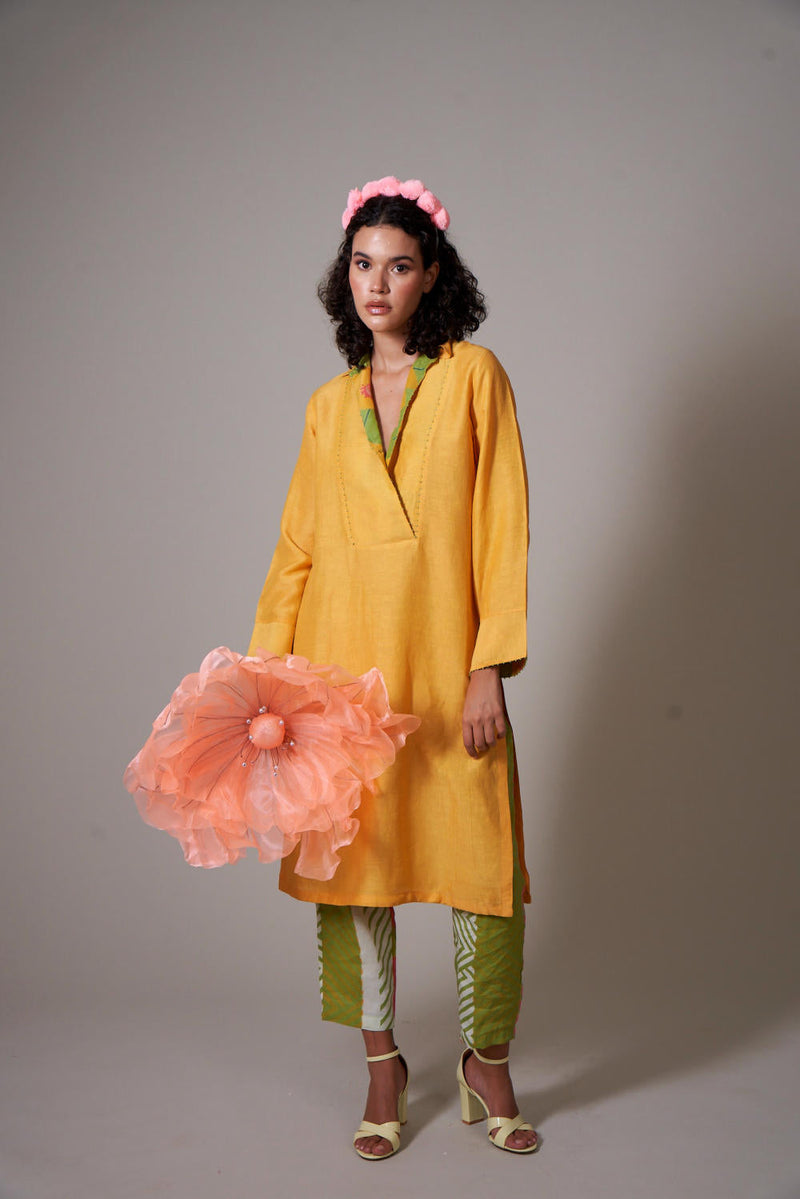 Botan linen kurta set by Priti Prashant in mustard color for women Worldwide