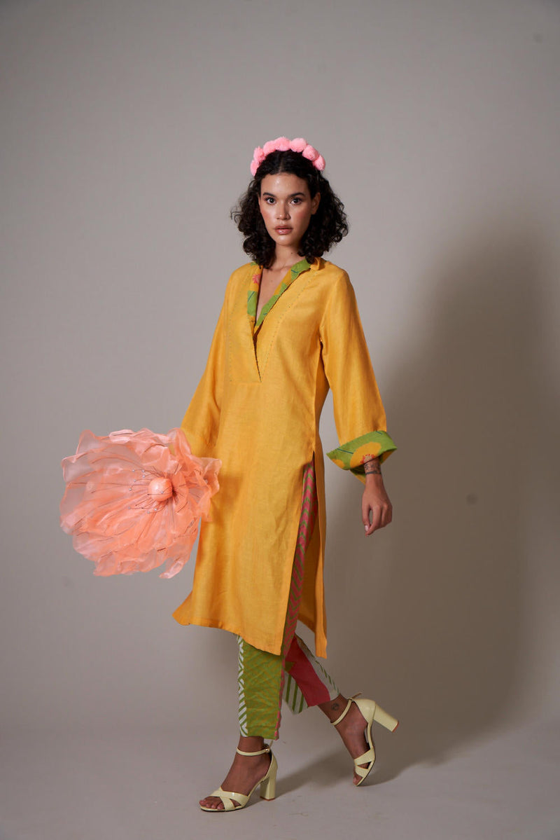Botan linen kurta set by Priti Prashant in mustard color for women Worldwide