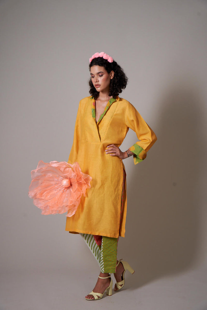 Botan linen kurta set by Priti Prashant in mustard color for women Worldwide