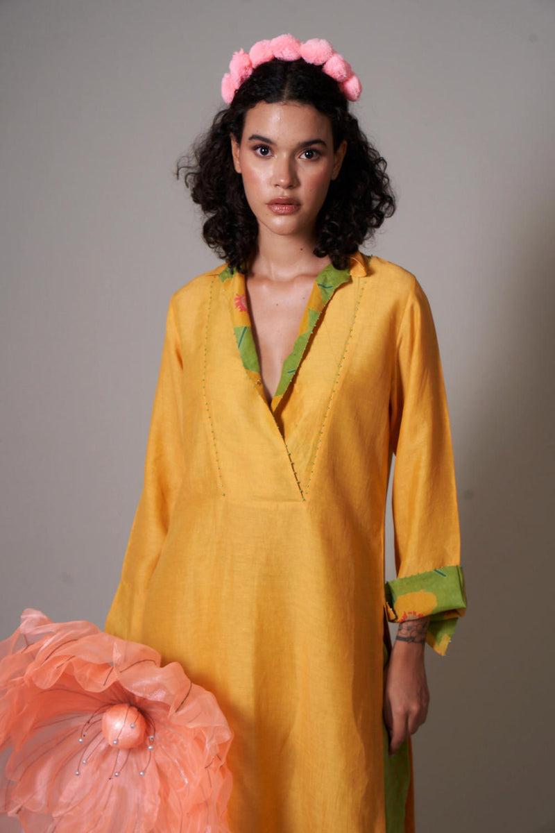 Botan linen kurta set by Priti Prashant in mustard color for women Worldwide