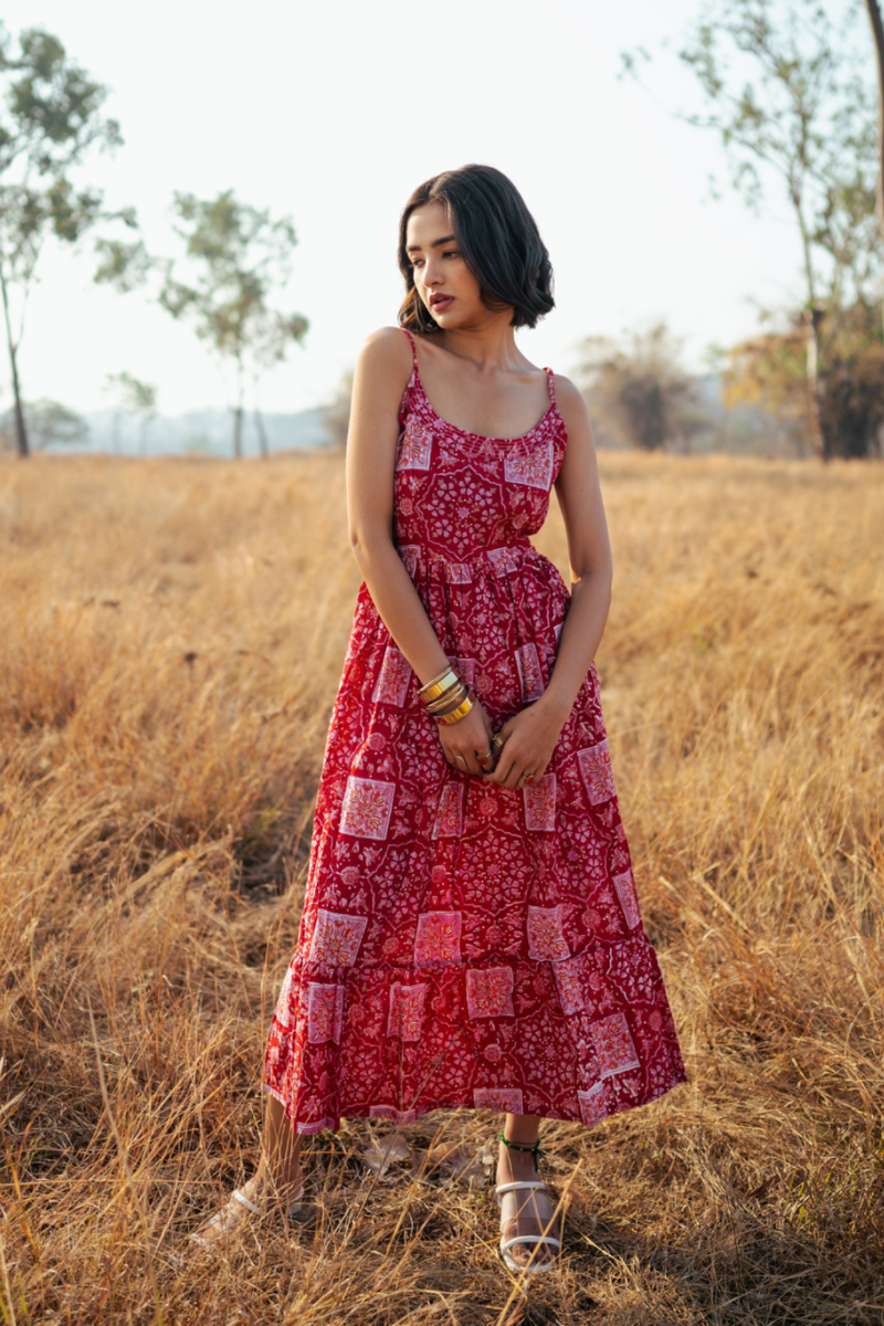 Bikaner Dress - Handblock Printed Cotton Dress cotton by Marche in red color for women Worldwide