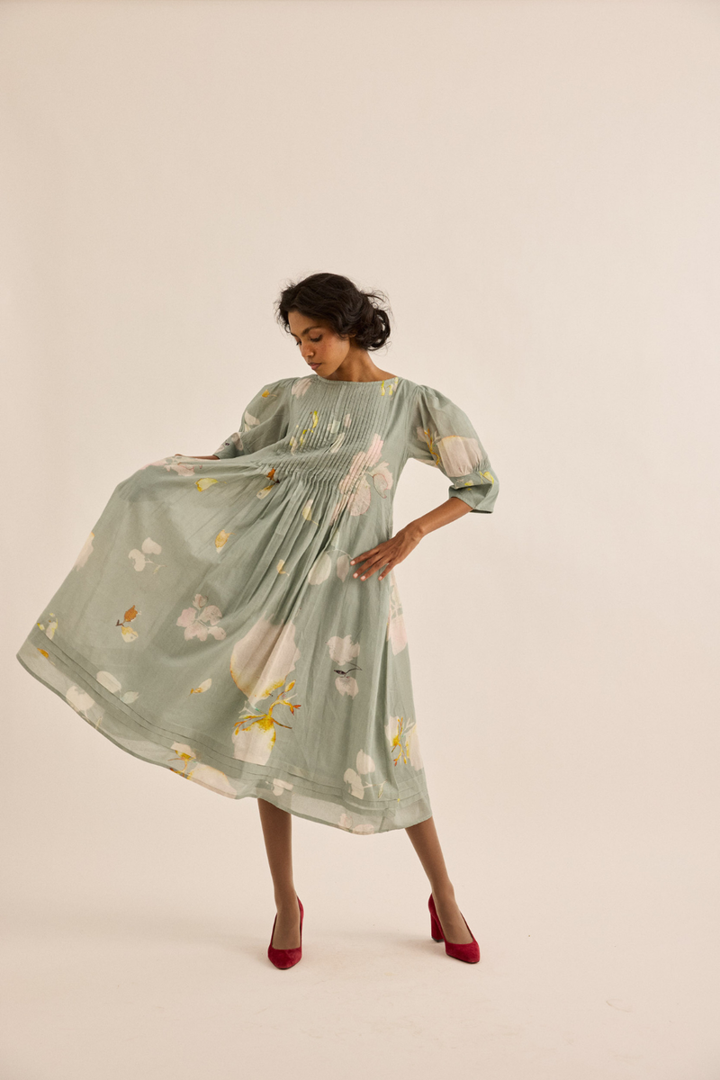 Cornflower Dress mul dress by Khara Kapas in sage green for women Worldwide
