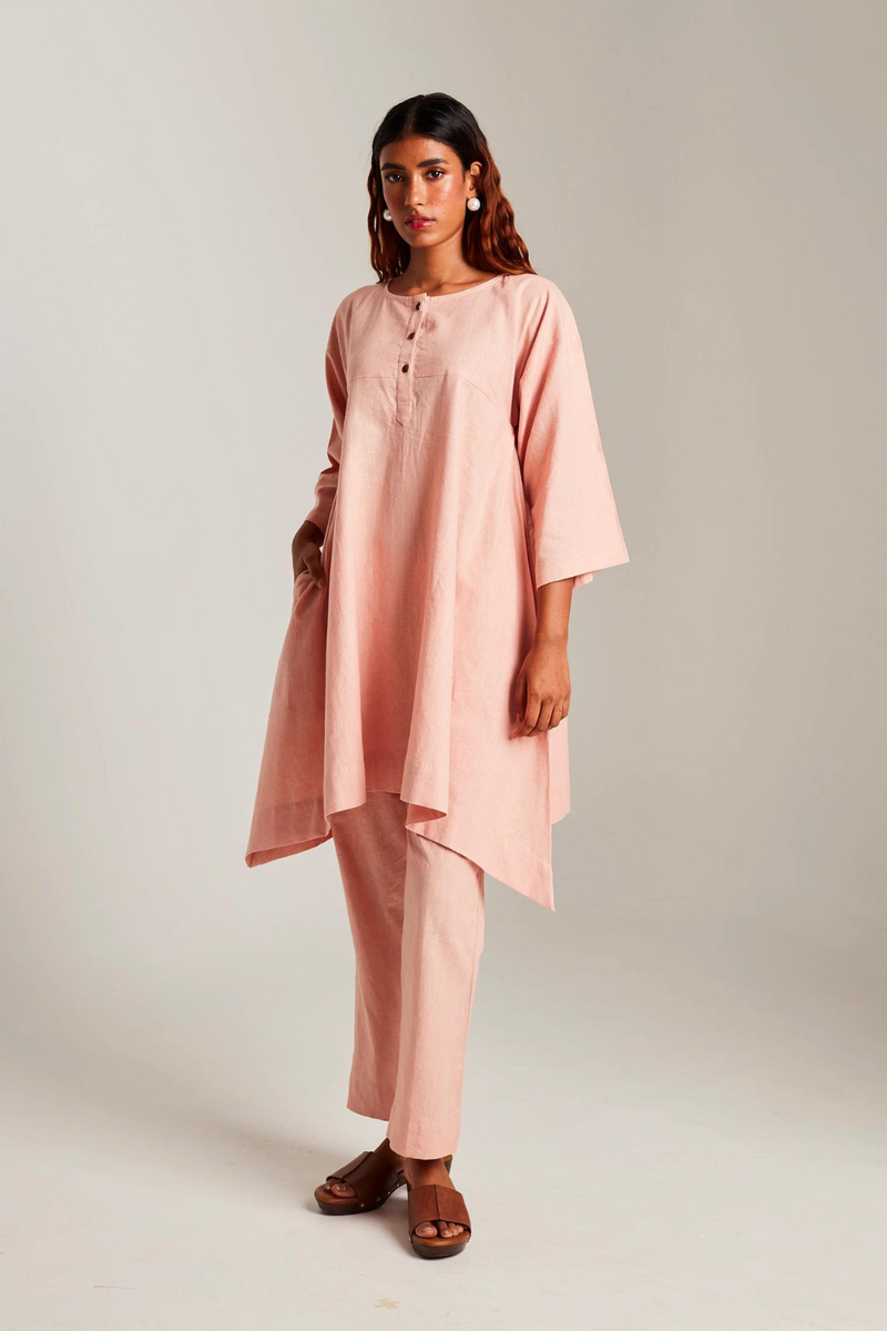 Rose Co-Linen High Low Kurta cotton by Saphed in peach color for women Worldwide