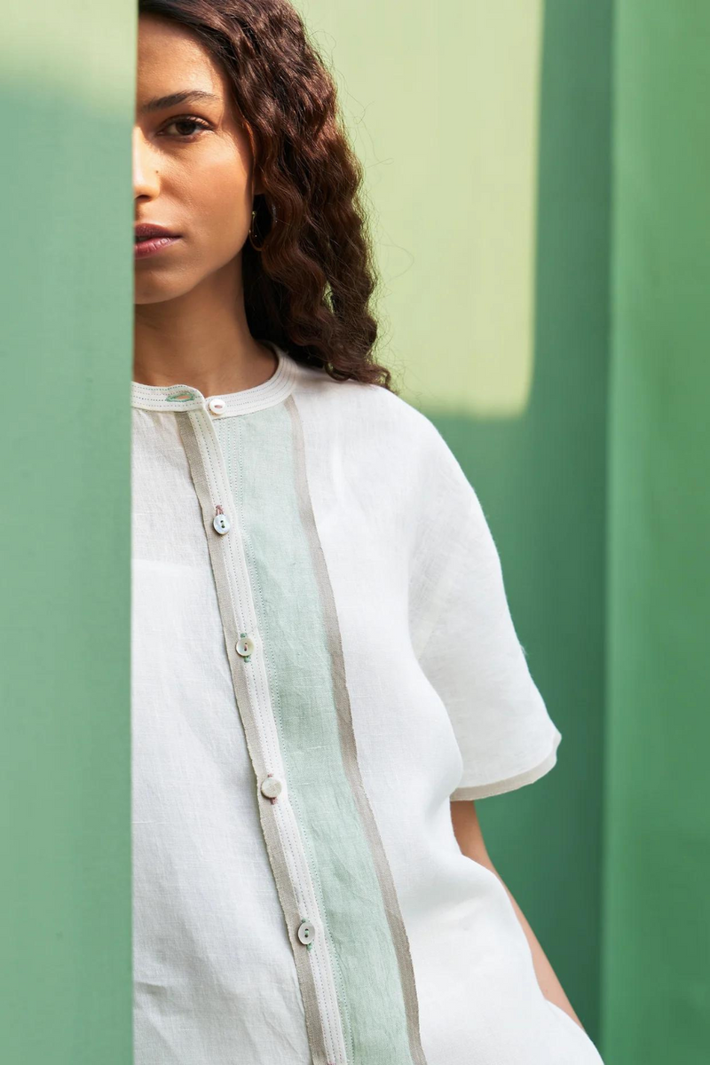 Kol Border Linen Crop Shirt - Ivory linen by Manan in ivory color for women Worldwide