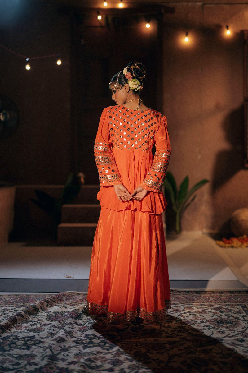 Mangala Peplum Co-ord Set- Orange silk by PRAHNAAYA in orange color for women Worldwide