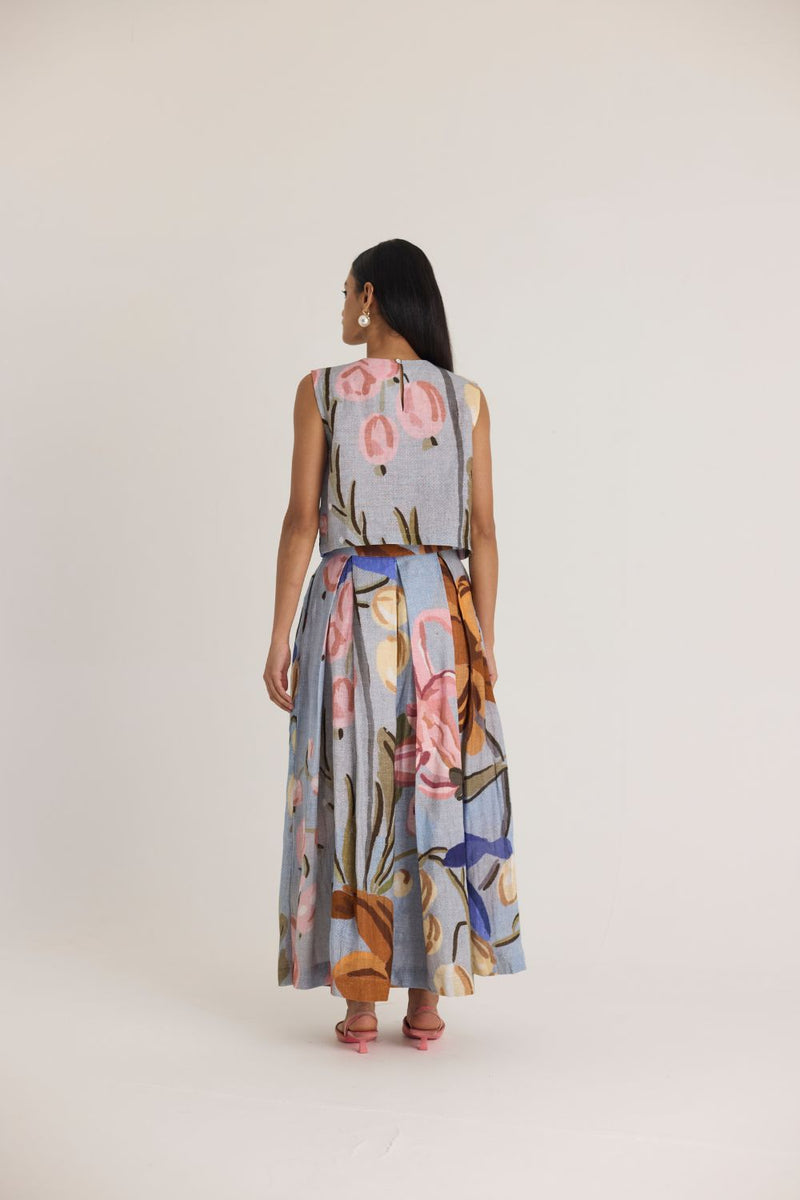 NICO LINEN TOP & SKIRT SET by Yam in blue color for women Worldwide