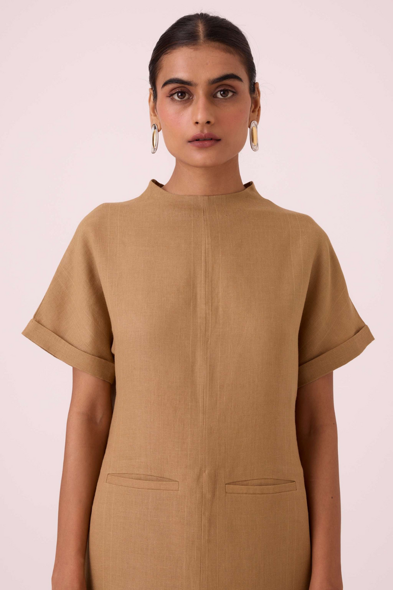 Salome Tan Linen Dress linen by The Summer House in olive color for women Worldwide