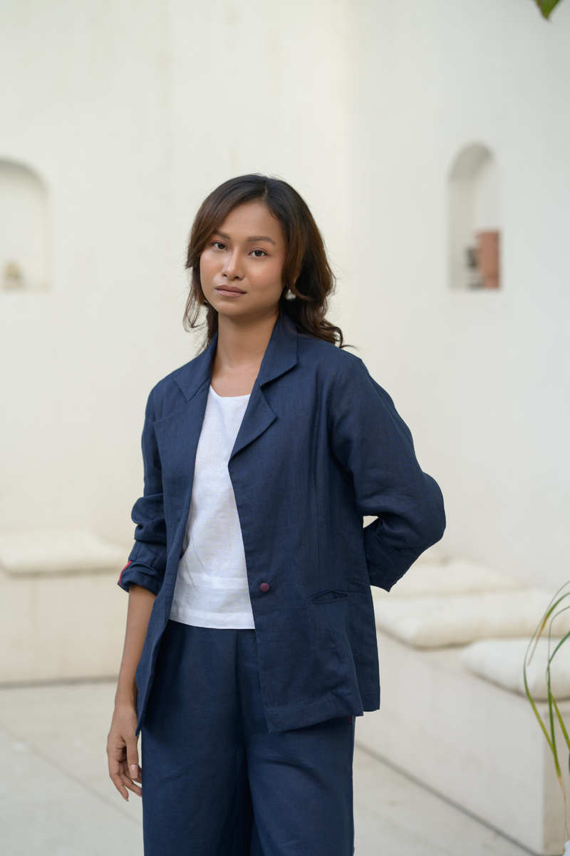 Midnight Line Suit linen co-ord set by Zanzibar Living in midnight blue for women Worldwide