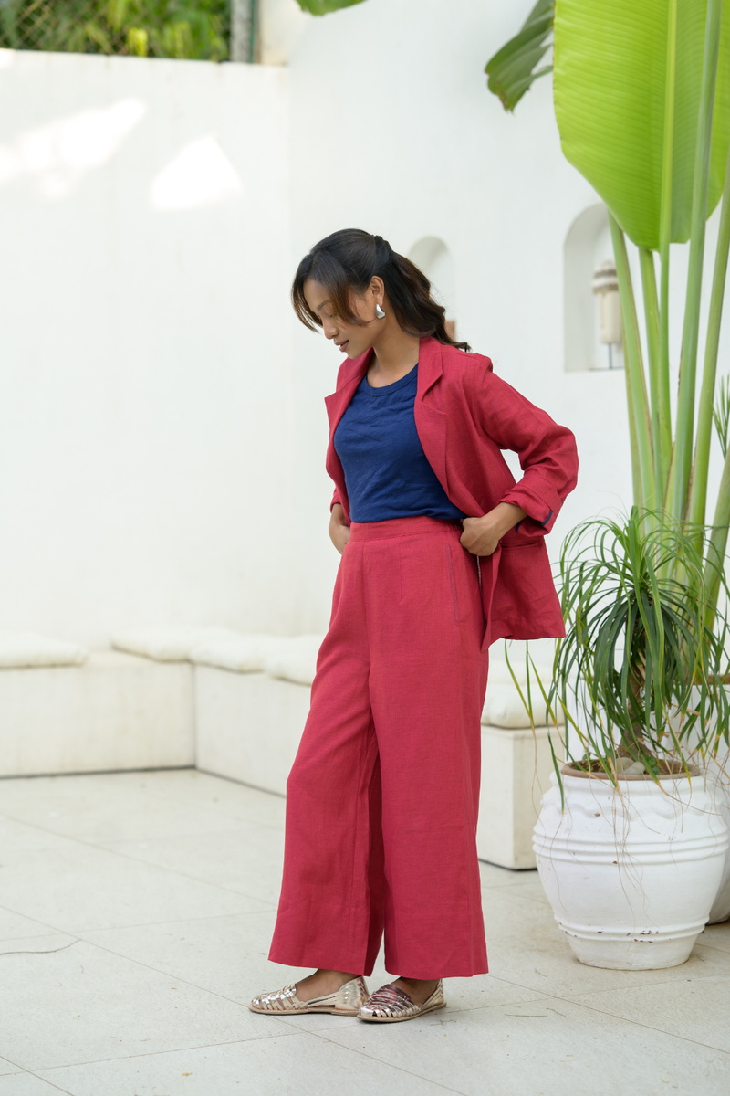 Crimson Sky Suit linen co-ord set by Zanzibar Living in crimson red for women Worldwide