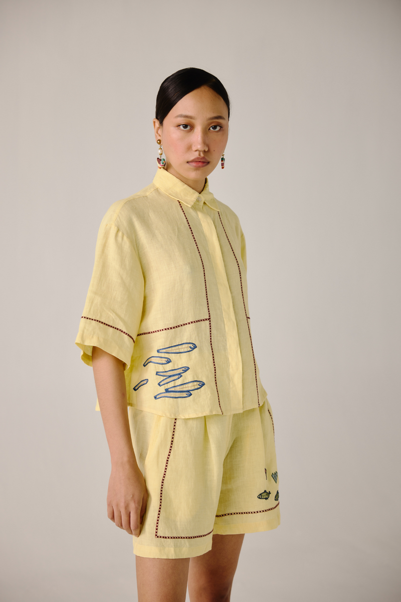 Leo Set - Butter Yellow Fish Embroidery by CORD in yellow for women Worldwide