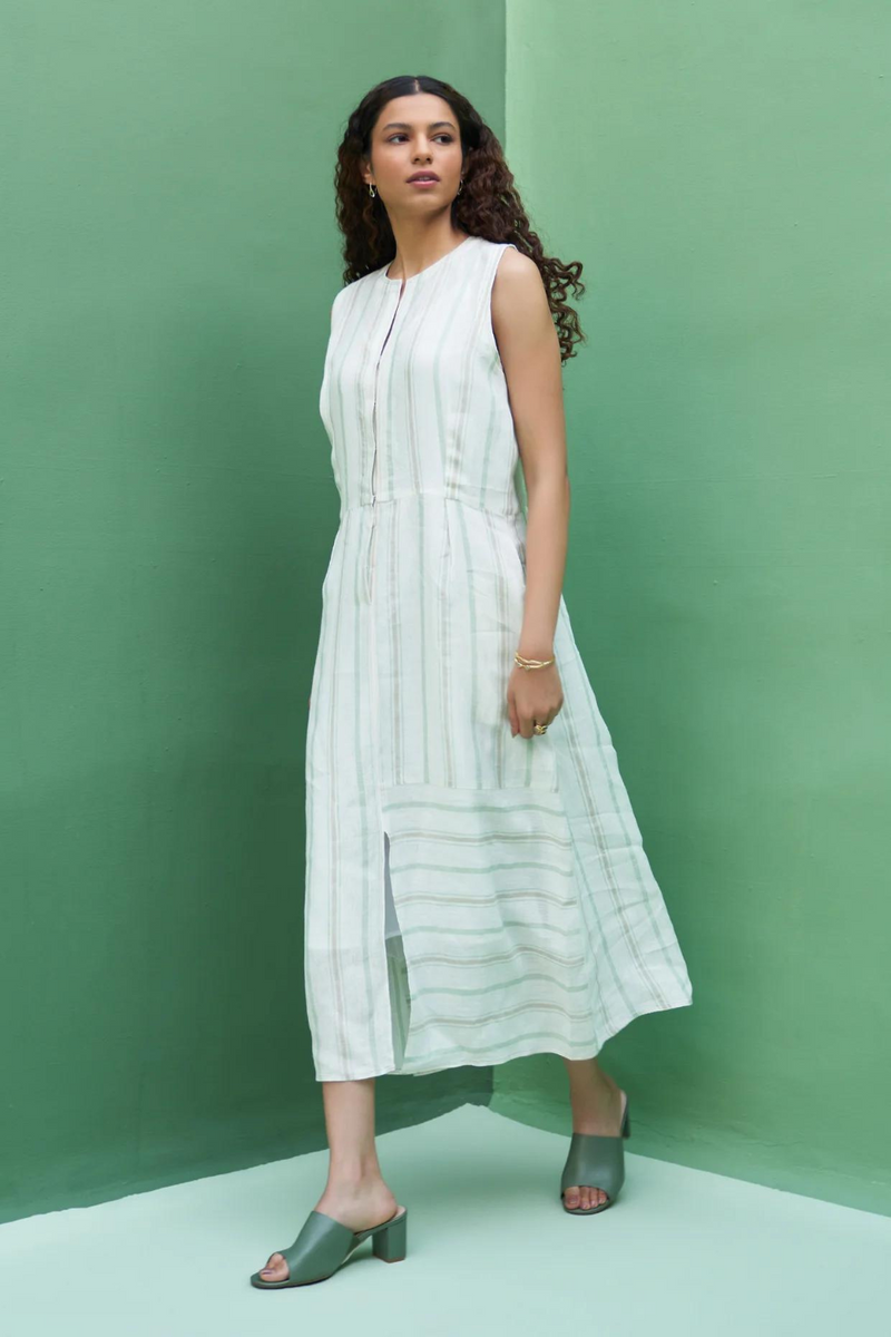 Una Striped Linen Sleeveless Dress
 - Mint linen by Manan in mint color for women Worldwide