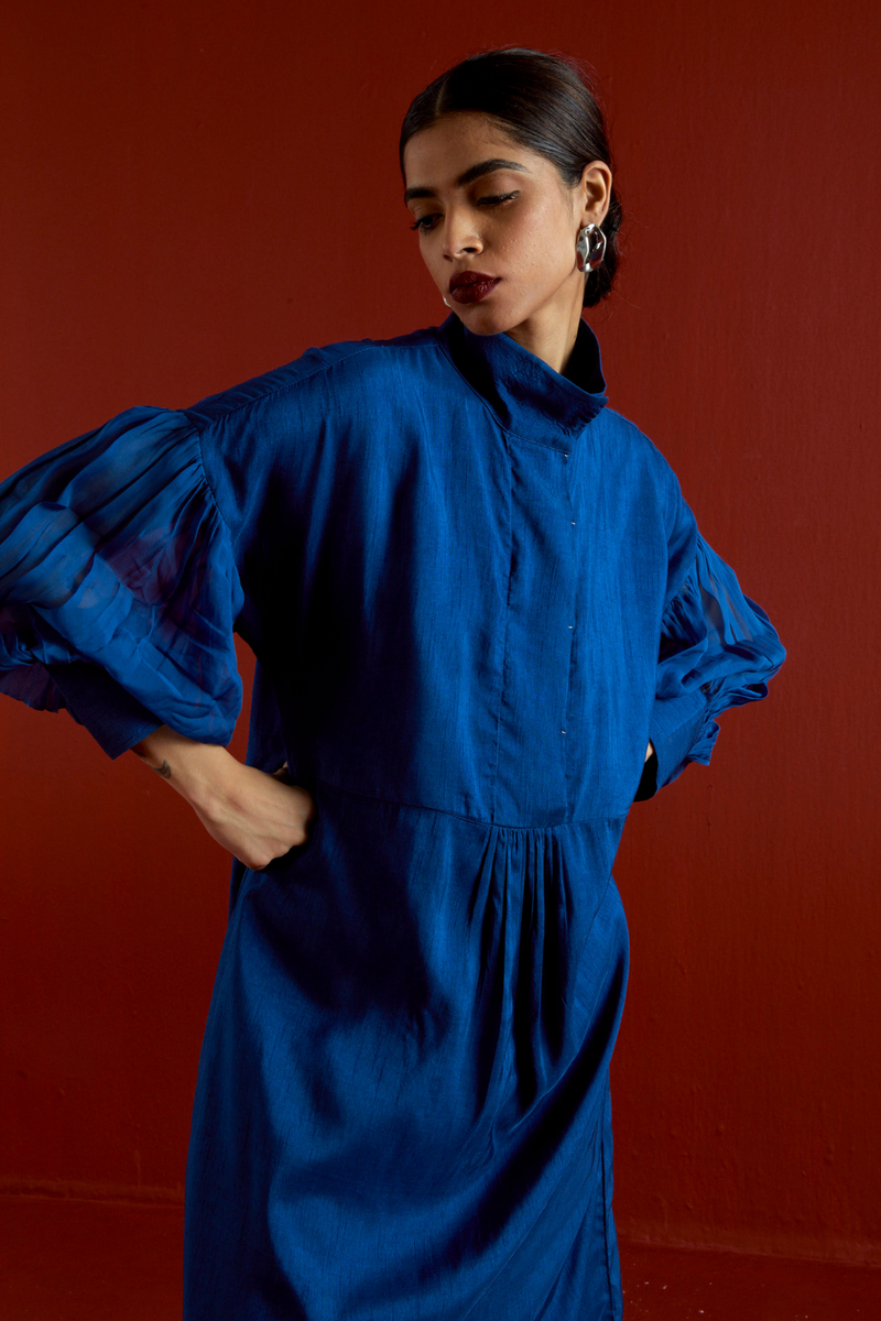 TURTLE NECK TUNIC CO-ORD-ELECTRIC BLUE silk by THREE in blue color for women Worldwide