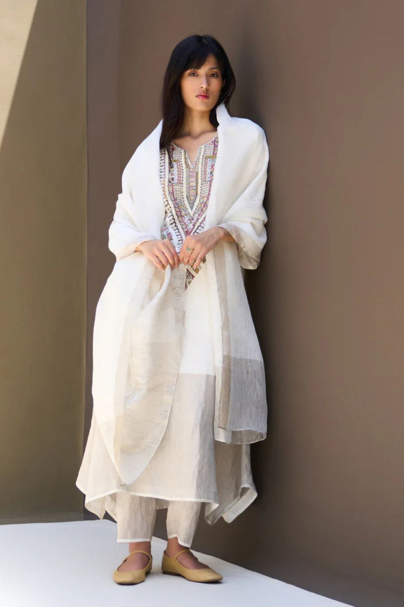 Afra Hand-Embroidered Kurta - Ivory linen by Manan in white color for women Worldwide