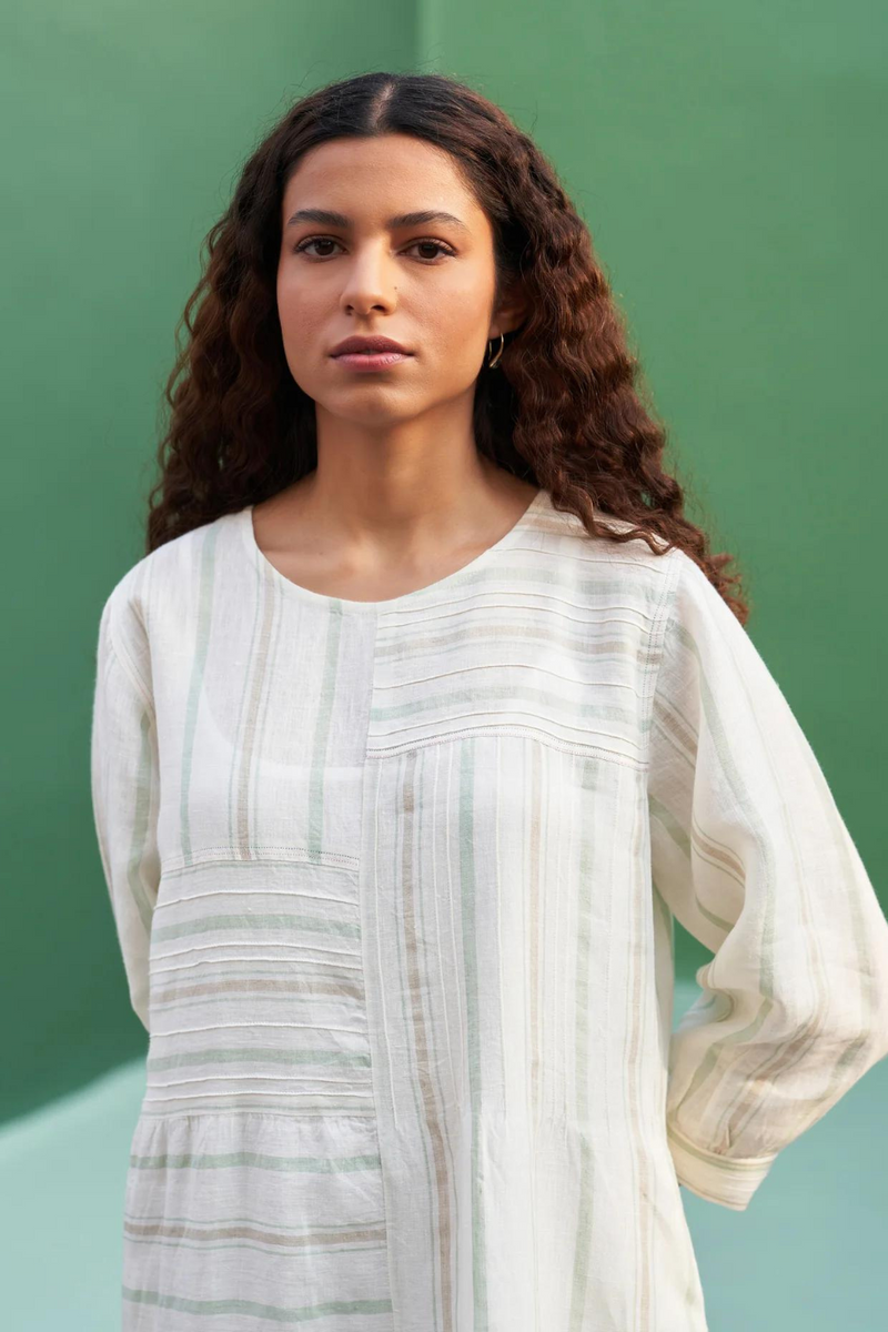 Kwan Striped Linen Dress
 - Mint linen by Manan in mint color for women Worldwide