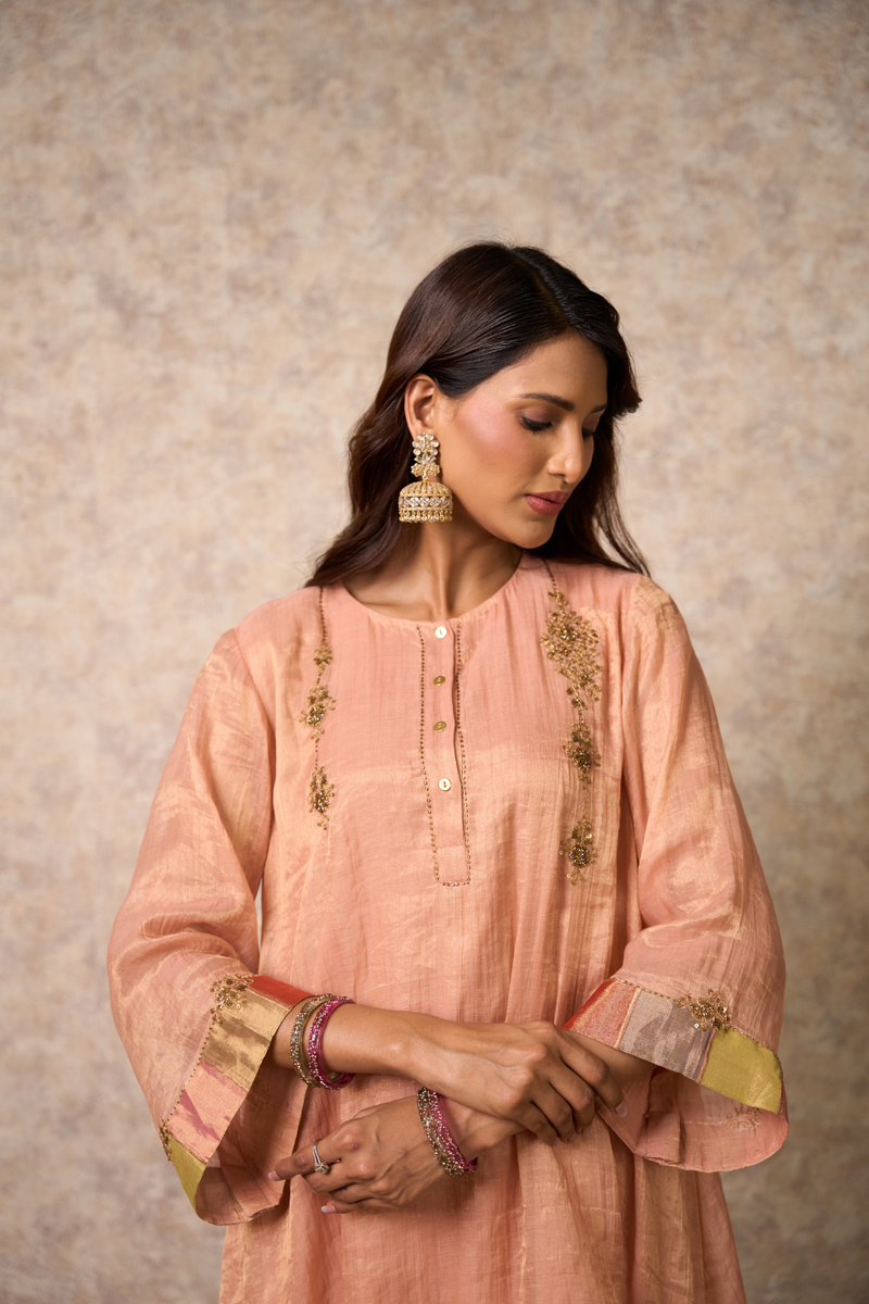 Zing Kurta Set - Peach with Dupatta organza by Priti Prashant in peach color for women Worldwide