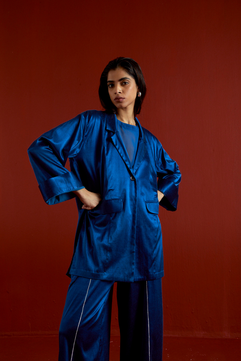WIDE SLEEVE JACKET CO-ORD-ELECTRIC BLUE satin by THREE in blue color for women Worldwide
