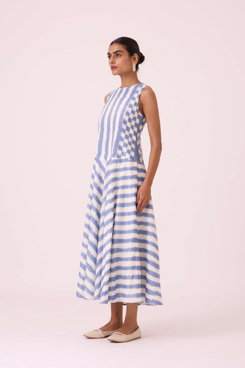 Myshkin Blue Striped Ikat Dress cotton by The Summer House in blue color for women Worldwide