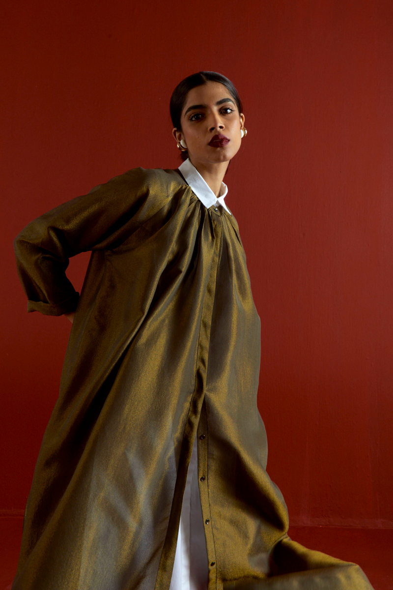GATHER NECK SHIRT CO-ORD-OLIVE GOLD tissue by THREE in gold color for women Worldwide