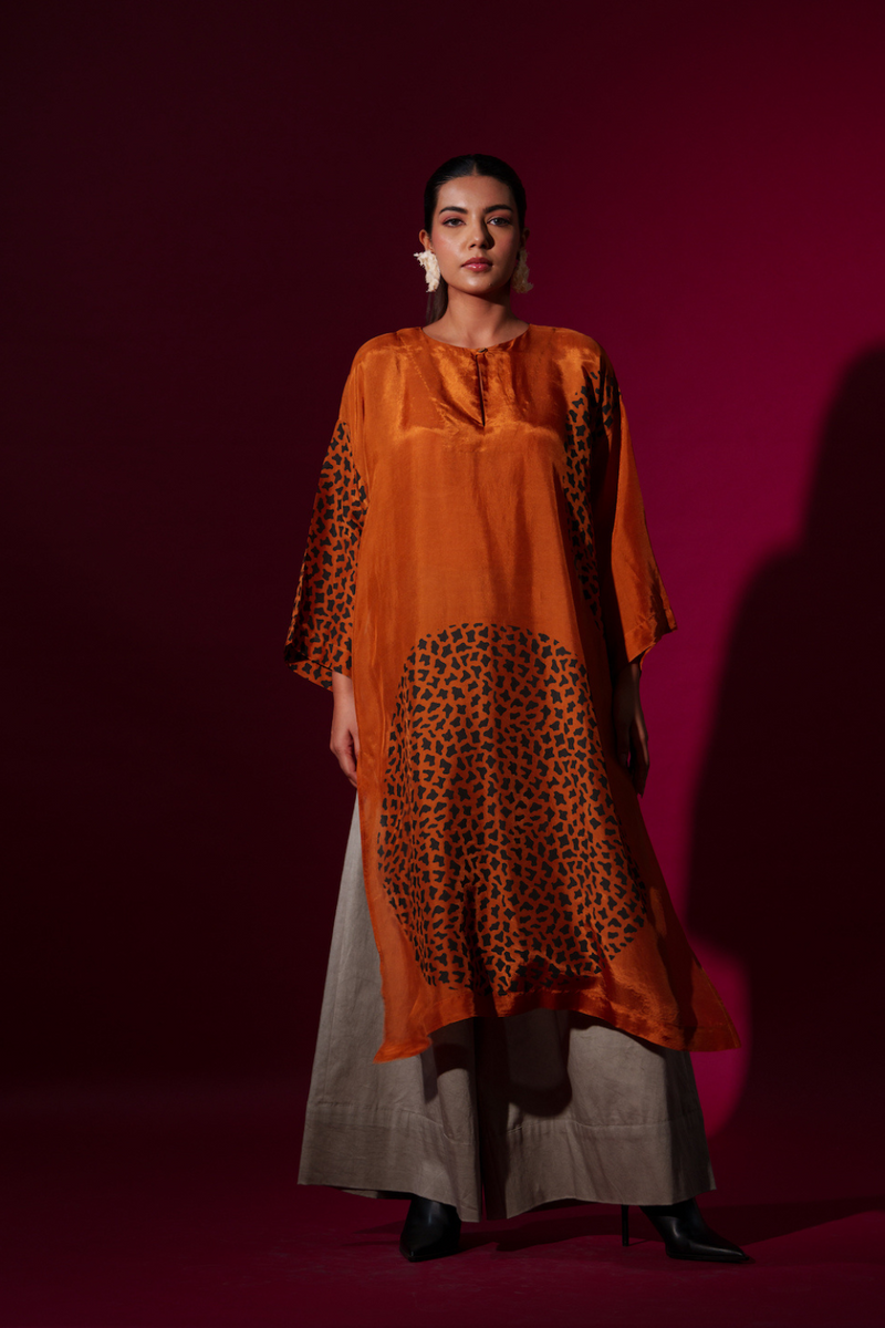 Beau Tunic-Rust orange + Black upada silk kaftans and tunics by Stoique in rust orange, black for women Worldwide