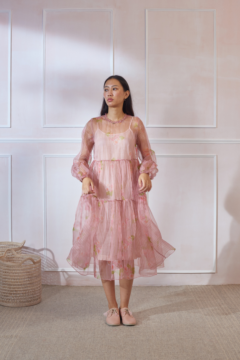 Hazari Mogra Silk Organza Midi Dress organza by Nadiya Paar in pink color for women Worldwide