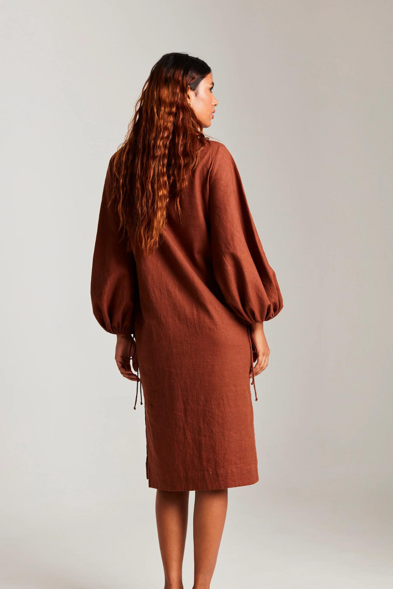 Mocha Co-Linen Balloon Sleeves Dress cotton by Saphed in brown color for women Worldwide